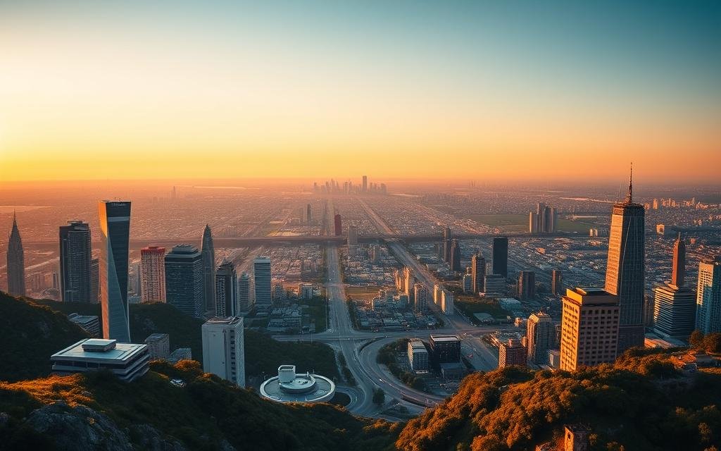 A breathtaking panoramic view of a thriving decentralized technology landscape, bathed in a warm, golden glow. In the foreground, various decentralized social media platforms stand tall, their sleek and minimalist interfaces shimmering with interactive elements. The middle ground showcases a bustling network of nodes, data servers, and blockchain structures, all interconnected and pulsing with digital energy. In the background, a serene and boundless horizon, representing the vast potential of decentralized technologies to reshape the digital world. The scene is captured with a cinematic wide-angle lens, creating a sense of immersion and grandeur. The overall mood is one of progress, innovation, and the promise of a more democratic and empowered online experience.