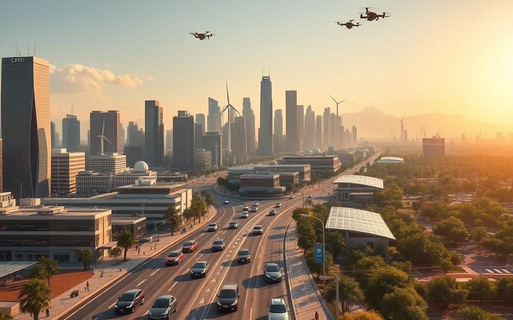 A bustling cityscape of sleek skyscrapers and vibrant urban landscapes, illuminated by warm sunlight and clean, efficient infrastructure. In the foreground, self-driving electric vehicles navigate seamless traffic flows, while pedestrians interact with smart interactive kiosks and autonomous surveillance drones monitor the area discreetly. In the middle ground, towering wind turbines and sprawling solar panel arrays power the city's smart grid, seamlessly integrated with energy-efficient buildings and smart home technologies. In the background, lush urban greenery and public parks create a harmonious balance between technology and nature, showcasing the future of sustainable, livable cities.