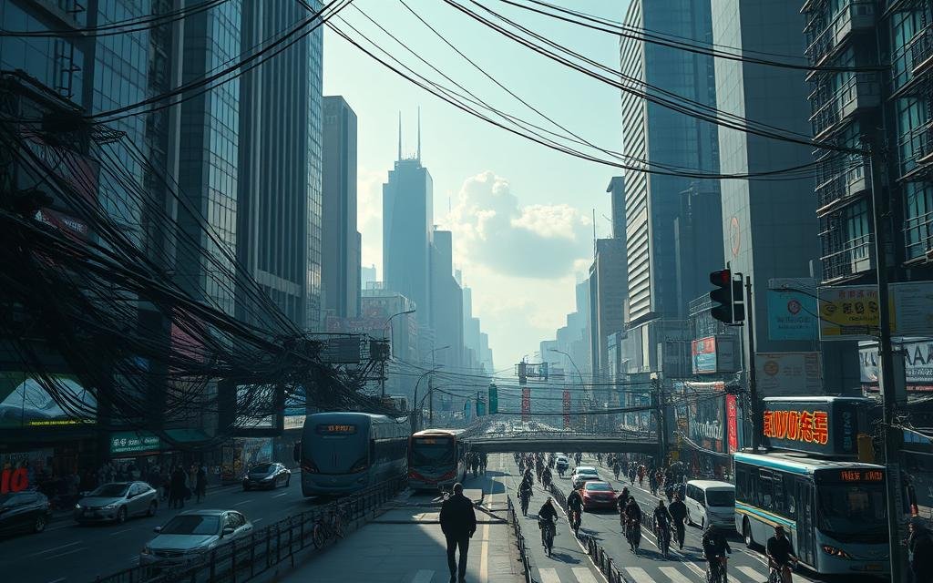 A bustling urban landscape, where towering skyscrapers cast long shadows on the streets below. In the foreground, a maze of tangled wires and cables snakes through the air, symbolizing the technological challenges of modern cities. Amidst the chaos, a lone pedestrian navigates the cluttered sidewalk, their face obscured by the glare of neon signs and digital displays. The middle ground reveals a tangle of transportation systems - congested roads, crowded public transit, and bicycles weaving between them. In the distant background, hazy clouds loom, hinting at environmental concerns that plague urban areas. The scene is lit by a cool, futuristic glow, creating a sense of both progress and unease.