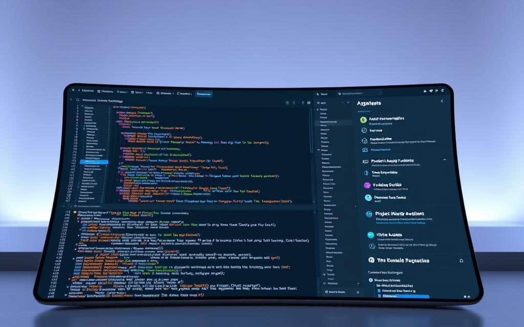 A clean, modern code assistant interface with a focus on productivity and ease of use. In the foreground, a sleek, curved display showcases a sophisticated code editor with advanced syntax highlighting, code completion, and debugging tools. The middle ground features a collapsible sidebar with project management utilities, version control, and a virtual assistant powered by natural language processing. The background is framed by a minimalist, yet elegant user interface design with subtle gradients and ambient lighting, creating a calming, focused atmosphere for the developer. The overall impression is of a seamless, AI-driven code companion that streamlines the development workflow.