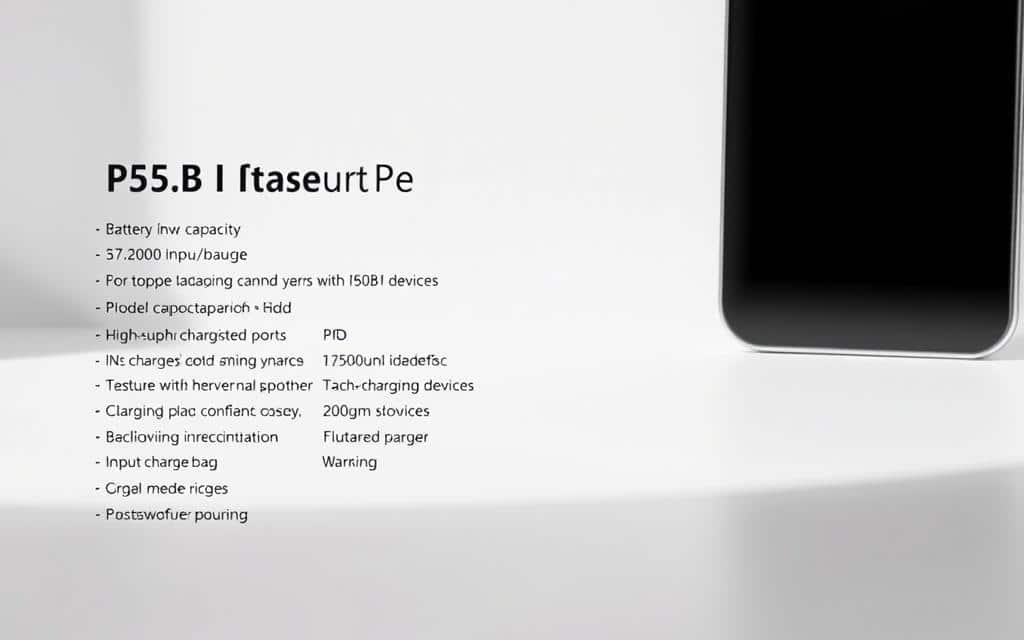 A closeup of a high-tech power bank device set against a clean, minimalist background. The power bank is sleek and modern, with a glossy black or white casing and smooth edges. Display the various technical specifications like the battery capacity, input/output ports, charging speeds, and compatibility with different devices. Capture the power bank from an angle that showcases its form and accentuates the key details. Utilize natural yet directional lighting to create depth and highlights the product's high-quality construction. The overall mood should be sophisticated, informative, and tech-savvy, inviting the viewer to learn more about the power bank's capabilities.