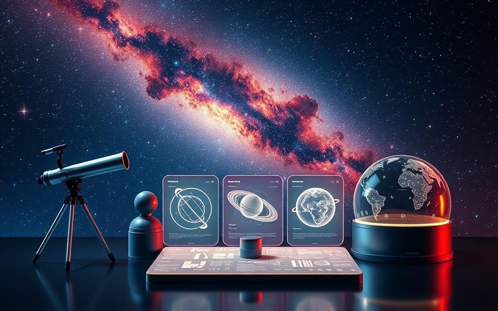 a collection of educational kits inspired by the vast wonders of space, floating against a starry night sky backdrop. in the foreground, a sleek, modern design featuring a telescope, rocket model, and interactive ar planetarium. the middle ground showcases a set of holographic learning modules, each projecting detailed diagrams of planets and celestial phenomena. in the distance, a galaxy of shimmering, colorful nebulae casts a warm, ethereal glow, reflecting off the polished surfaces of the educational tools. dramatic cinematic lighting adds depth and drama, showcasing the intersection of cutting-edge technology and the boundless mysteries of the cosmos.