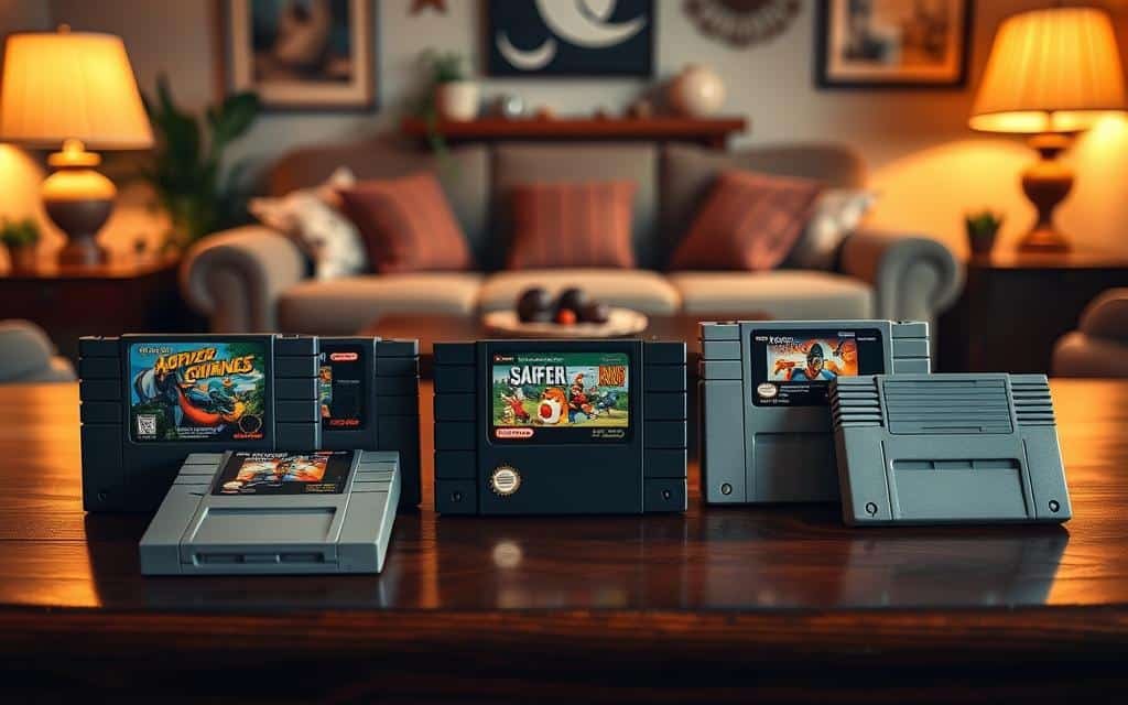A collection of retro gaming cartridges arranged on a mahogany tabletop, illuminated by warm, ambient lighting. The cartridges are presented in the foreground, each with distinct textures, labels, and colors that evoke the nostalgia of classic gaming consoles. In the middle ground, a soft-focus backdrop suggests a cozy, living room setting, hinting at the comfortable, familiar atmosphere of retro gaming. The overall composition conveys a sense of reverence and appreciation for the enduring legacy of these iconic gaming artifacts.