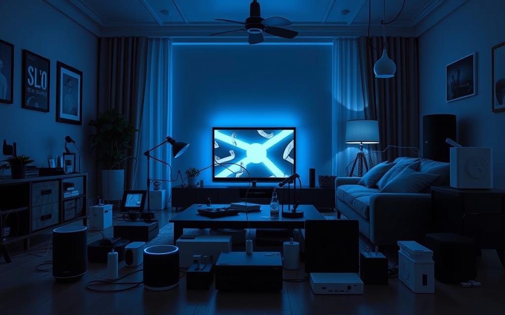 A complex web of smart home devices, each with its own communication protocol, struggling to connect and coordinate seamlessly. In the dimly lit living room, a mix of sleek black and white gadgets – voice assistants, smart plugs, climate controllers – sit isolated, their efforts to integrate hampered by incompatible standards. The scene is bathed in a cool, technical blue glow, hinting at the challenges of achieving true interoperability. A sense of frustration and fragmentation pervades the space, reflecting the current state of ambient computing.