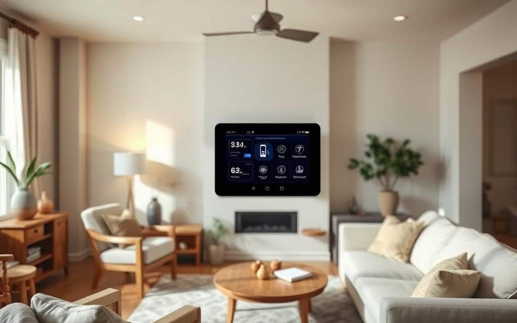A cozy, well-lit living room with a central smart home control panel. The panel features sleek, minimalist design with intuitive touch controls, displaying a fluid interface for managing lighting, temperature, security, and other connected devices. Soft, diffused lighting highlights the natural textures of wooden furniture and accents. The room has an atmosphere of modern convenience and technological harmony, conveying the idea of an affordable, budget-friendly smart home setup.
