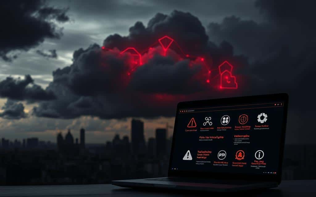 A dark, ominous cloud looms over a cityscape, casting long shadows and obscuring the horizon. Within the cloud, glowing red symbols and wireframe structures hint at the underlying cybersecurity threats. In the foreground, a laptop screen displays a series of warning icons and text, indicating the various vulnerabilities that can expose cloud-based systems to data breaches, ransomware, and other malicious attacks. The scene is captured through a high-contrast, moody lens, emphasizing the sense of impending danger and the need for robust cloud security measures.