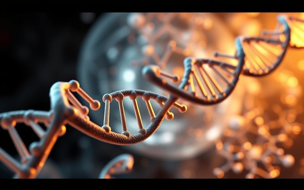 A detailed 3D illustration of the DNA encoding process. In the foreground, a double-helix DNA strand winds through a molecular structure, with individual nucleobases clearly visible. In the middle ground, a complex of enzymes and proteins is shown processing the DNA, selectively transcribing and translating the genetic information. The background features a glowing, ethereal backdrop, suggesting the intricate, almost mystical nature of this fundamental biological process. The scene is illuminated by a warm, directional light, casting dramatic shadows and highlights to accentuate the technical details. The overall mood is one of scientific awe and wonder at the elegant mechanisms of life.