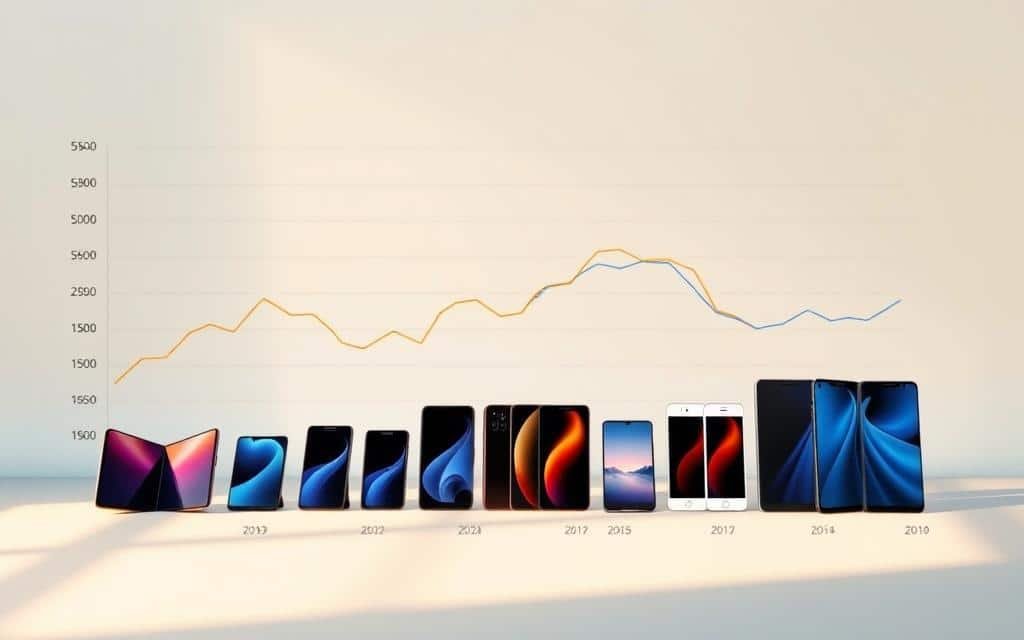 A detailed chart depicting the price trends of foldable smartphones over the years, showcased against a minimalist background. The chart features vibrant line graphs in shades of blue and orange, illustrating the steady decline in prices as the technology matures. The foreground is illuminated by warm, directional lighting, casting subtle shadows and highlighting the sleek, modern design of the phone models. The middle ground showcases various foldable devices in different stages of deployment, while the background features a clean, gradient-based color scheme to accentuate the data visualization. The overall composition conveys a sense of progress and accessibility, reflecting the increasing affordability of foldable phones in the years to come.