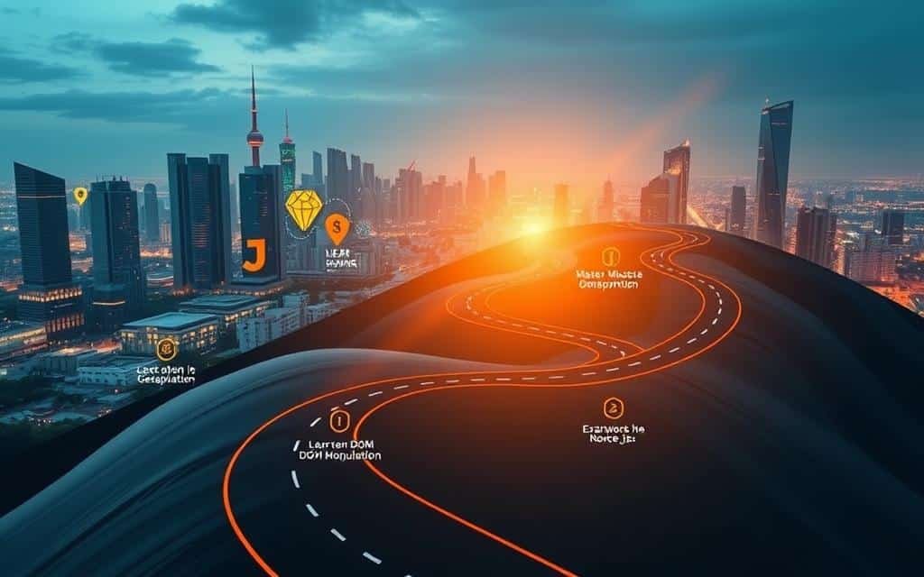 A detailed roadmap for JavaScript developers, with a clean, professional design. The foreground features a winding path representing the journey, marked with key milestones such as learning syntax, mastering DOM manipulation, and exploring frameworks like React and Node.js. The middle ground showcases icons and symbols for essential JavaScript concepts and tools. In the background, a cityscape of modern skyscrapers suggests the vibrant, tech-driven environment. Warm lighting casts a soft glow, creating a sense of direction and progression. The overall atmosphere is one of guidance, growth, and the promise of a rewarding career in web development.