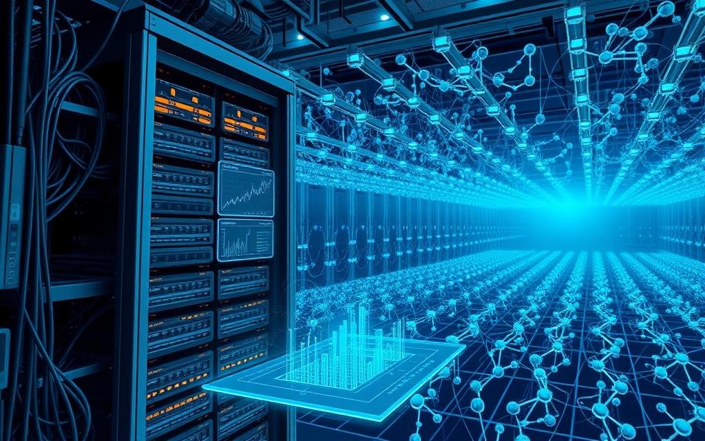 A detailed technical illustration of a NoSQL database management system. In the foreground, a sleek, modern server rack housing the database infrastructure, with intricate cabling and cooling systems. The middle ground features a holographic control panel displaying real-time analytics and query performance metrics. In the background, a vast array of interconnected data nodes, each glowing with the energy of distributed processing. The scene is bathed in a cool, blue-tinted lighting, conveying the sense of precision and efficiency inherent in this non-relational data management approach. The overall atmosphere is one of cutting-edge technology, cutting-edge data handling, and the power of a flexible, scalable NoSQL solution.