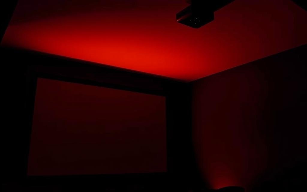 A dimly lit home theater, with a projector screen casting a soft, ambient glow. The projector's lens is illuminated, emitting a warm, inviting light that diffuses through the room. The walls are painted a deep, rich color, absorbing excess light and creating a cozy, intimate atmosphere. Subtle shadows and highlights play across the surfaces, adding depth and dimension. The projector is positioned at an angle, its beam angled to fill the screen with a large, vibrant image. The scene conveys a sense of relaxation and immersion, perfect for enjoying movies or television in a comfortable, home-theater setting.