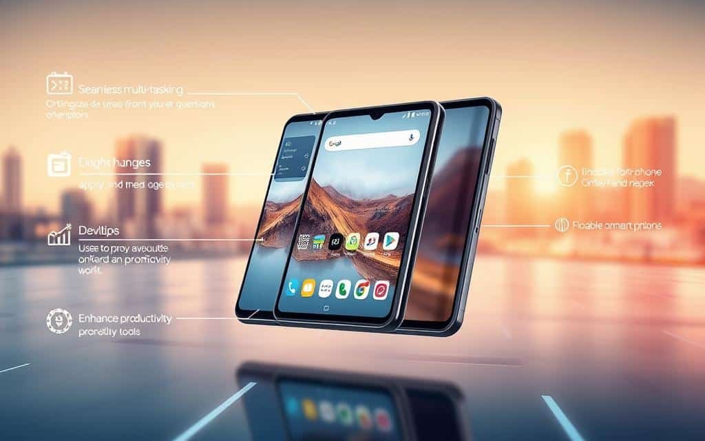 A foldable smartphone screen displayed in a dynamic, futuristic interface. The foreground showcases various software features optimized for the unique folding form factor - seamless multi-tasking, adaptive app layouts, and enhanced productivity tools. The middle ground depicts a sleek, metallic-framed device gradually unfolding, its hinges and mechanism highlighted by warm, directional lighting. The background features a softly blurred cityscape, conveying a sense of technological advancement and urban sophistication. The overall scene radiates a clean, high-tech aesthetic, reflecting the user experience and software optimization designed for the next generation of foldable phones.