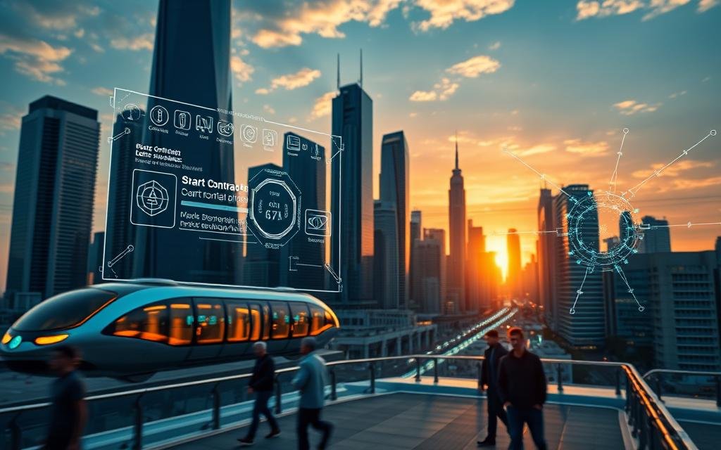 A futuristic cityscape at sunset, with sleek skyscrapers and hovering transport pods. In the foreground, a holographic display showcases blockchain-powered applications, from smart contracts to decentralized finance. The middle ground features people interacting with these innovative technologies, their movements captured in a blur, as they navigate the seamless integration of blockchain into everyday life. In the background, a network of glowing nodes and interconnected data streams suggest the ubiquity of blockchain infrastructure, powering the smart city of tomorrow. The scene is bathed in a warm, golden light, conveying a sense of progress and optimism for the future of blockchain adoption.