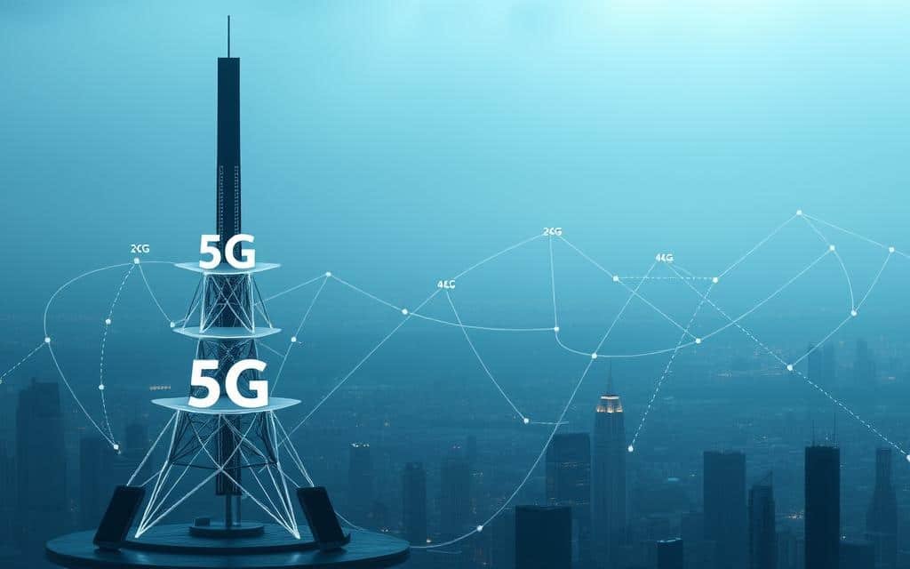 A futuristic cityscape bathed in a cool, blue-tinted haze, with monolithic structures representing the different generations of cellular networks. In the foreground, a sleek 5G antenna towers above, its angular design hinting at the network's speed and power. Surrounding it, cascading wireframes depict the evolution from 2G to 4G, each layer illuminated by a soft glow, symbolizing the advancements in data transfer and network capabilities. In the background, a sprawling metropolis stretches out, its skyline dotted with the silhouettes of smartphones and tablets, suggesting the ubiquity of mobile connectivity. The scene conveys a sense of technological progress and the profound impact of 5G on the future of mobile development.