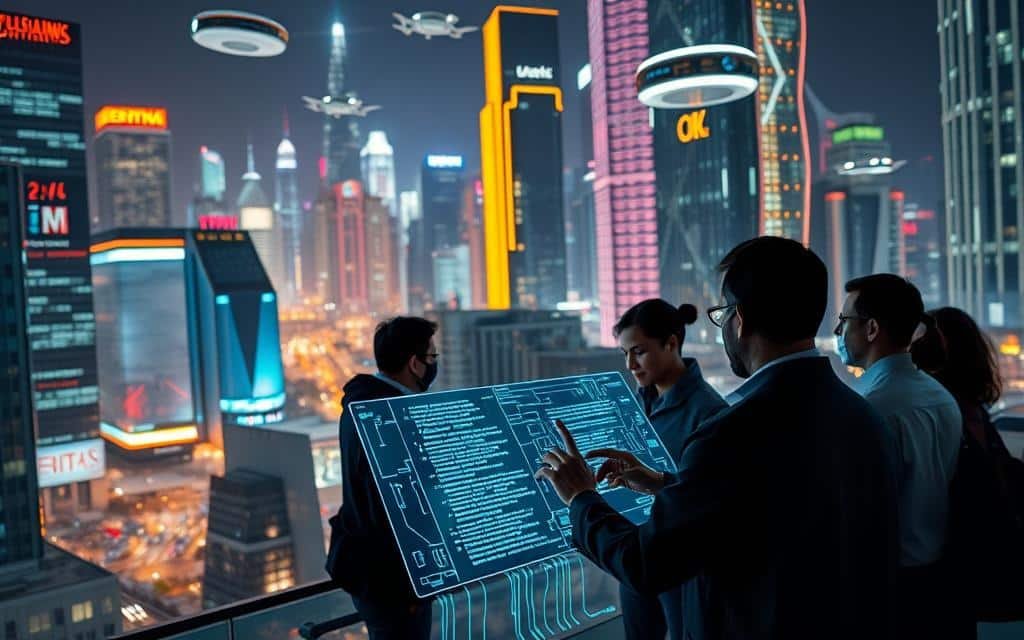 A futuristic cityscape illuminated by neon lights, with holographic displays and floating transportation pods hovering above sleek, high-rise buildings. In the foreground, a group of programmers and engineers collaborate on a transparent, interactive interface, their hands gesturing and manipulating lines of code that flow and intertwine like digital vines. The background is a dynamic blend of advanced technologies, from self-driving vehicles to automated drones, creating an immersive, forward-thinking atmosphere. Captured through a wide-angle lens with a shallow depth of field, the scene conveys a sense of technological innovation and progress, the building blocks of the future of AI development tools.