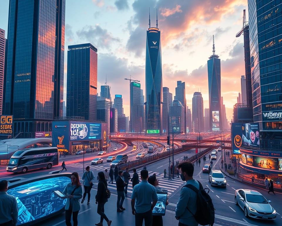 A futuristic cityscape with towering skyscrapers, sleek autonomous vehicles, and a bustling 6G-powered smart infrastructure. In the foreground, a group of people seamlessly interacting with holographic displays, controlling IoT devices, and downloading data at lightning-fast speeds. The middle ground features drone deliveries, remote healthcare monitoring, and AR-enhanced education. The background showcases intelligent traffic management, renewable energy grids, and hyper-connected industrial robotics. Lighting is a balance of neon accents and warm, futuristic illumination, creating an atmosphere of technological advancement and enhanced quality of life.