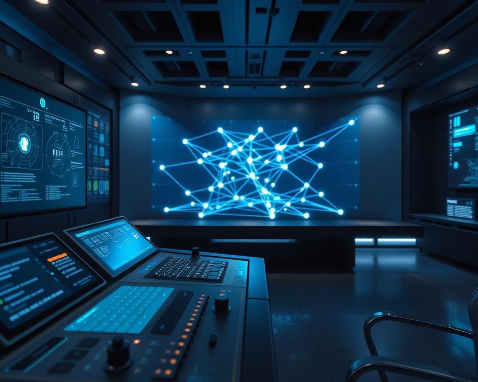 A futuristic control center for a dynamic mesh network, gleaming with holographic displays and intuitive interfaces. In the foreground, a sleek console with touchpads and knobs, allowing precise management of connected devices. In the middle ground, a 3D visualization of the mesh topology, nodes pulsing with real-time data. The background is bathed in a cool, blue-tinted glow, evoking the tranquil yet powerful nature of the distributed system. Subtle ambient lighting casts dramatic shadows, heightening the sense of technological sophistication. A calm, focused atmosphere pervades the scene, reflecting the seamless coordination of the mesh network under the operator's watchful eye.