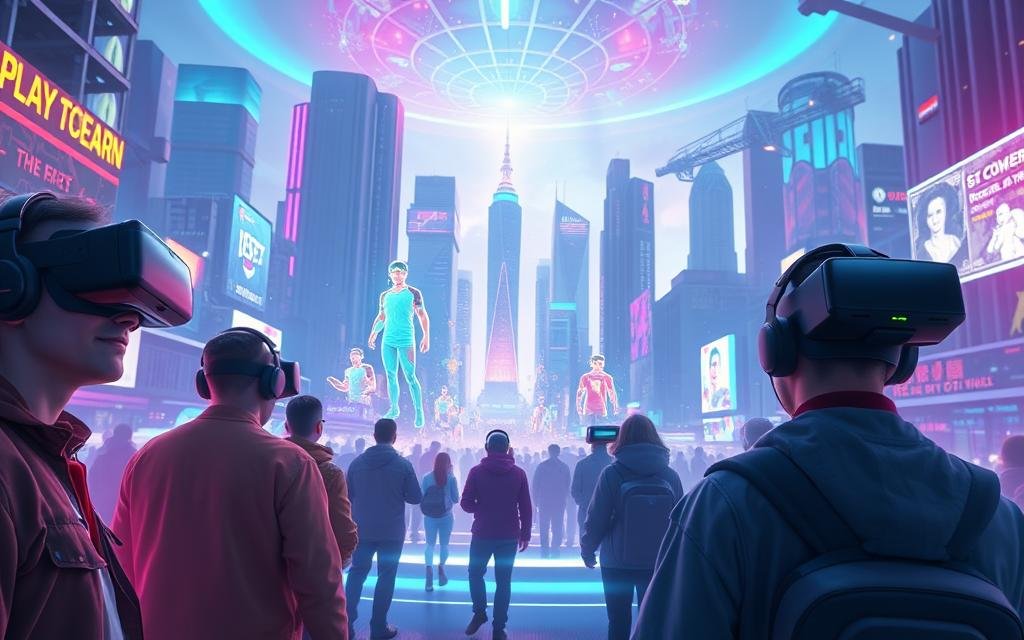 A futuristic gaming arena set in a vibrant, neon-infused cityscape. In the foreground, gamers engrossed in their virtual reality headsets, their movements mirrored on a large, holographic display. In the middle ground, a swarm of interactive holograms and digital currencies flow seamlessly, representing the "play-to-earn" economic model. The background features towering skyscrapers, advanced transportation systems, and a pulsing energy field that illuminates the scene with a sense of technological wonder and limitless potential. Soft, diffused lighting creates an immersive atmosphere, capturing the excitement and innovation of the Web3 gaming revolution.