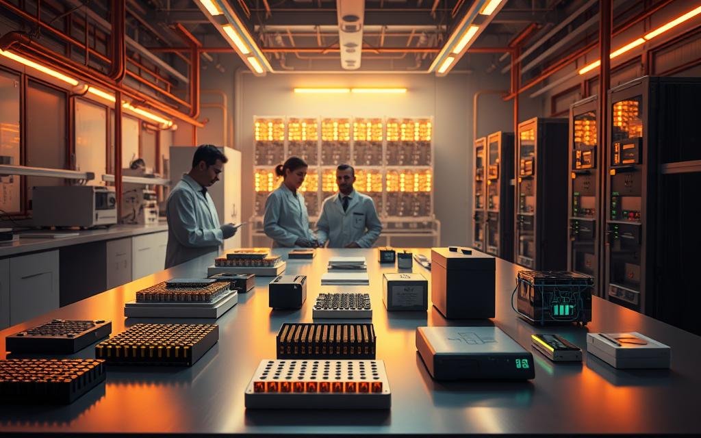 A futuristic laboratory setting, dimly lit with a warm, amber glow. In the foreground, a collection of emerging battery technologies are displayed on sleek, minimalist workbenches - new solid-state cells, flexible polymer batteries, and innovative lithium-sulfur prototypes. The middle ground features scientists in white coats intently studying the samples, their faces bathed in the soft, reflective light of holographic displays. In the background, a towering array of energy storage modules hums with power, representing the potential of these cutting-edge innovations to revolutionize the way we power our electric vehicles and portable electronics. The overall atmosphere conveys a sense of scientific exploration, technological advancement, and the promise of a more sustainable energy future.