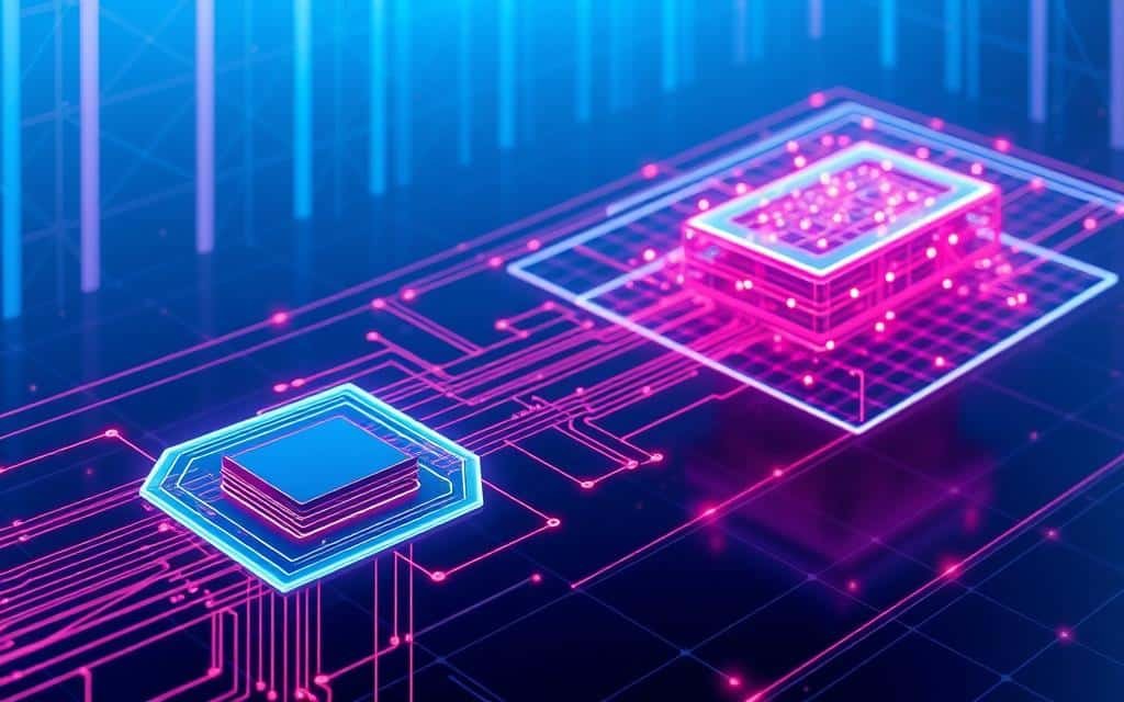 A futuristic software architecture diagram, rendered in sleek, minimalist design. In the foreground, a central state management module, its intricate pathways and data flows depicted in clean geometric lines and vivid color gradients. In the middle ground, high-performance web components seamlessly integrate with the state system, their interconnections visualized through elegant data visualization techniques. The background features a dynamic, three-dimensional grid, representing scalable infrastructure and efficient resource allocation, all bathed in a cool, neon-tinged lighting that evokes a sense of technological sophistication and precision.