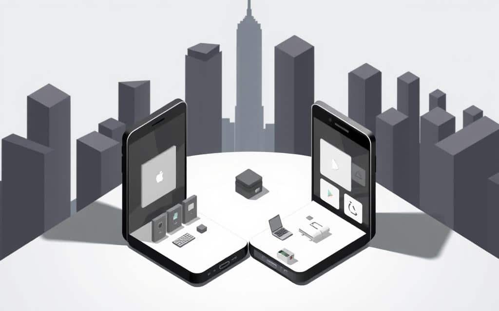a high-contrast, isometric illustration showcasing the architectural differences between two leading mobile app frameworks, android and ios. in the foreground, silhouetted smartphone outlines embody the distinct visual styles of each platform. the midground features abstracted symbols and icons representing core framework components, neatly arranged to highlight their unique capabilities. the background depicts a minimalist cityscape, casting dramatic shadows that accentuate the technical depth and complexity of these cross-platform development tools. the overall scene conveys a sense of technological sophistication and the power of multi-device application design.