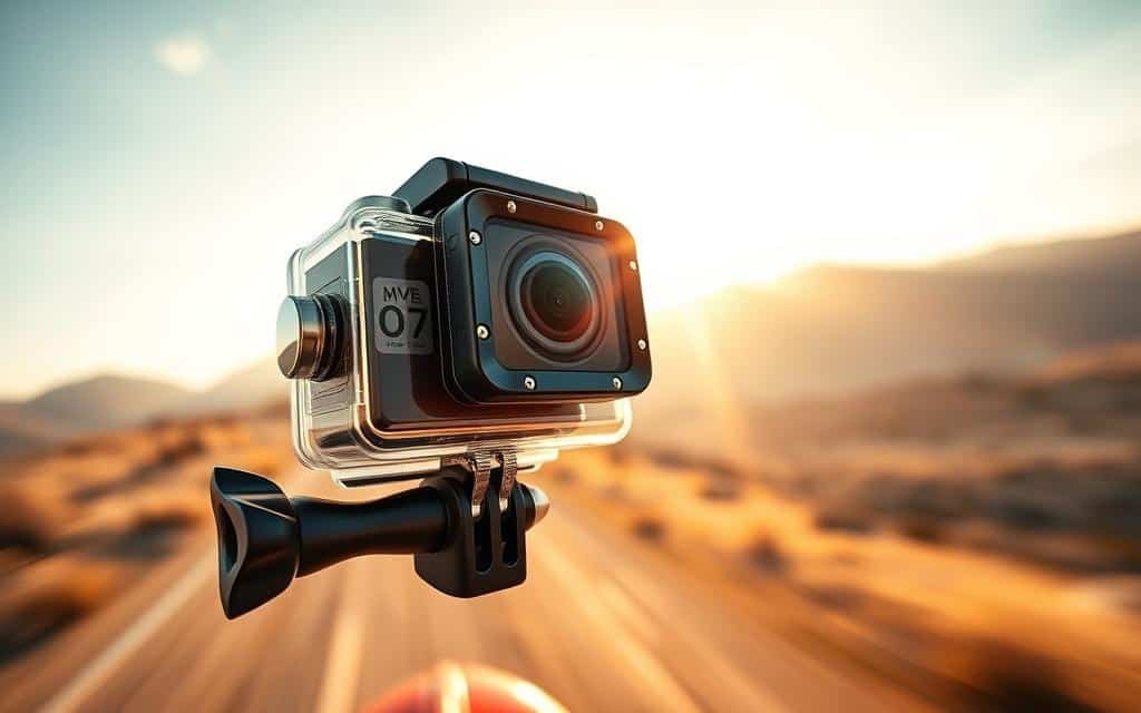 A high-resolution action camera capturing dynamic outdoor footage, with a wide-angle lens that provides an immersive, first-person perspective. The camera is mounted on a sturdy, weatherproof casing, ready to withstand the elements. The scene is illuminated by natural, warm sunlight, casting a golden glow on the subject. The camera is angled slightly upwards, creating a sense of height and motion, capturing a thrilling, fast-paced moment in time. The background features a blurred, scenic landscape, emphasizing the camera's focus on the action unfolding in the foreground.