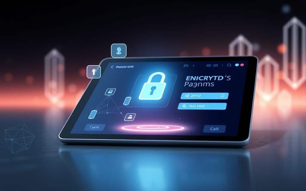 A high-resolution digital rendering of a secure financial transaction, captured with a clean, minimalist aesthetic. The scene depicts a stylized user interface on a sleek, futuristic tablet device, showcasing a seamless, encrypted payment process. The foreground features holograms and floating interface elements, while the background subtly incorporates blockchain-inspired geometric patterns and a soft, atmospheric lighting scheme. The overall composition conveys a sense of reliability, privacy, and technological sophistication in the financial services sector.