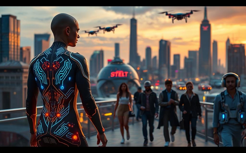 A high-tech cityscape at dusk, bathed in a warm, amber glow. In the foreground, a model wears a sleek, form-fitting bodysuit with integrated circuit patterns pulsing with bioluminescent light. The suit's panels shift and flex, adapting to the wearer's movements. In the middle ground, others stroll by, their clothing and accessories embedded with advanced sensors, antennas, and holographic projectors. Floating drones and autonomous vehicles zip through the air, while in the background, towering skyscrapers and futuristic, bioinspired architecture reflect the city's technological prowess. The scene exudes a sense of progress, innovation, and the seamless integration of human and machine.