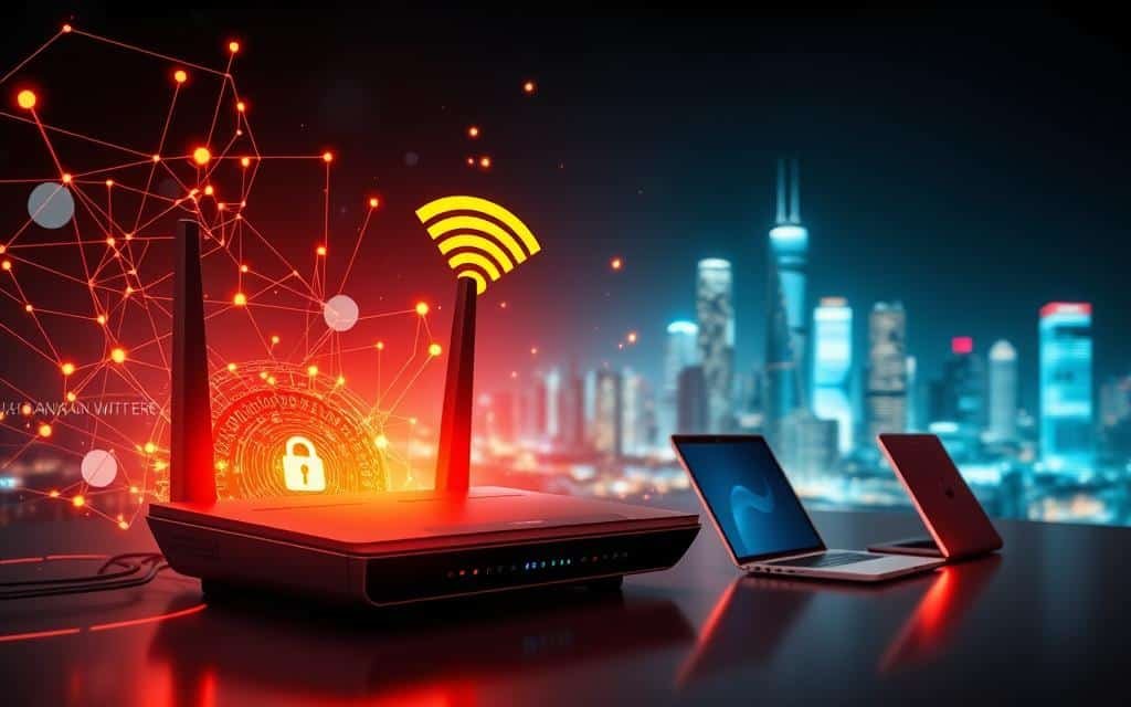 A high-tech digital network with glowing data streams and security protocols. In the foreground, a secure wireless router with sleek, modern design emits a powerful Wi-Fi signal. Surrounding it, abstract geometric shapes and data visualizations represent the intricate inner workings of the network. In the middle ground, a series of interconnected devices - laptops, smartphones, tablets - seamlessly accessing the secure Wi-Fi connection. In the background, a minimalist, futuristic cityscape with skyscrapers and glowing lights, symbolizing the broader internet infrastructure. Dramatic lighting and depth of field create a sense of technological sophistication and data protection.