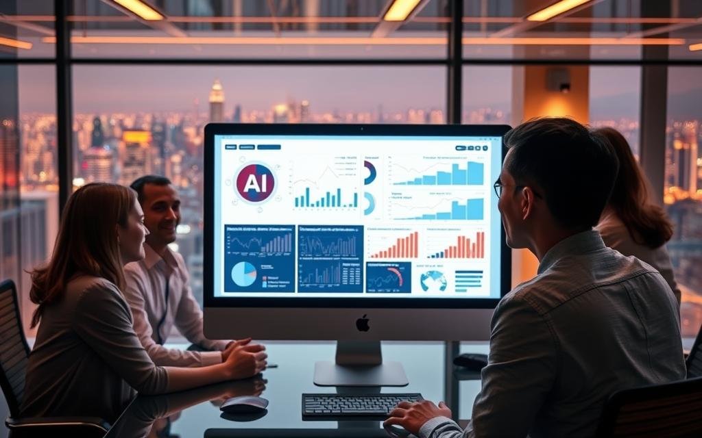 A high-tech office setting, bathed in warm, ambient lighting. In the foreground, a sleek, state-of-the-art computer display showcases a visual representation of AI-powered data analysis, with intuitive graphs and charts. Behind it, a team of business professionals engaged in deep discussion, their faces illuminated by the glow of the screen, reflecting the transformative potential of explainable AI. In the background, a panoramic view of a bustling city skyline, symbolizing the far-reaching impact of these innovative technologies on the corporate landscape.