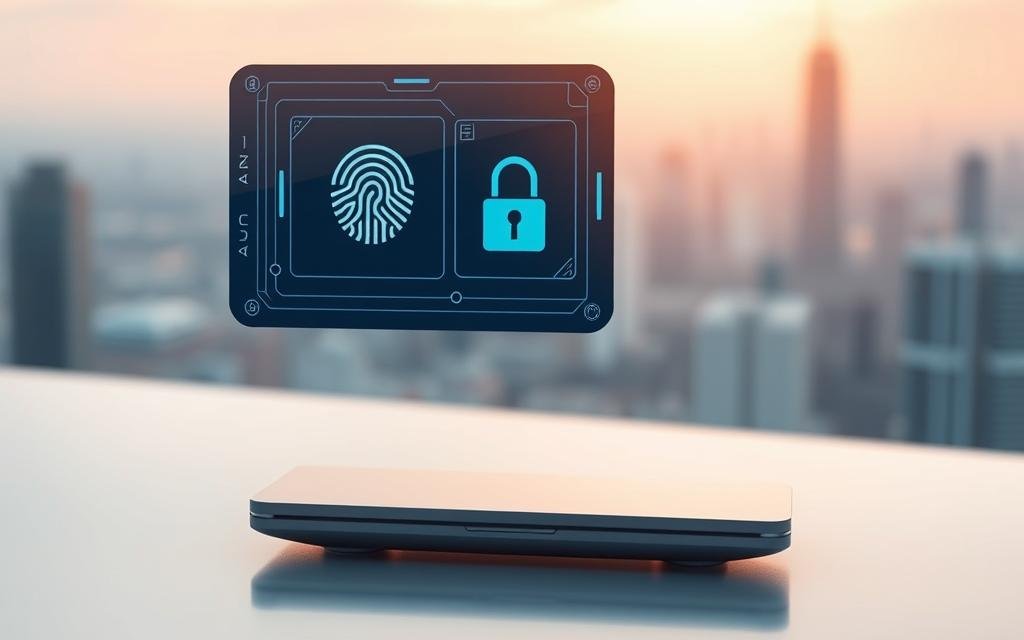 A high-tech security interface hovers above a sleek, minimalist smart device. The foreground features a floating display with biometric scanning and encryption symbols, conveying advanced security measures. The middle ground depicts the device itself, a slim and modern silhouette in muted tones. The background showcases a blurred, futuristic cityscape, hinting at the device's integration into the ambient computing landscape. Soft, directional lighting accentuates the technological details, creating an atmosphere of sophistication and data protection.