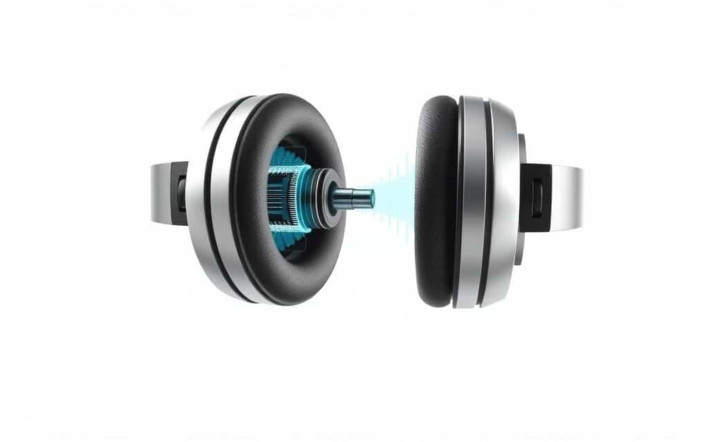 A highly detailed cross-section diagram of cutting-edge noise-cancelling headphone technology. The intricate inner workings are visible, showcasing the advanced microphones, filters, and processing chips that intelligently detect and eliminate ambient noise. The headphones are rendered in a sleek, modern design with a metallic finish, suspended against a clean white background that highlights the technical complexity. Soft, directional lighting casts subtle shadows, emphasizing the depth and precision of the components. The overall scene conveys a sense of sophisticated audio engineering and the future of personal audio technology.