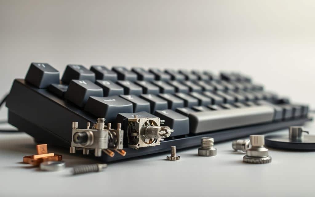 A highly detailed, macro-perspective photograph of various mechanical keyboard components, showcasing their intricate mechanical design and engineering. The image captures a clean, well-lit workspace, with the components arranged artfully against a muted, neutral background. Prominent in the frame are the switches, keycaps, stabilizers, and other essential mechanical parts, each meticulously detailed and presented in a way that highlights their unique characteristics and functions. The lighting is soft and diffused, creating a sense of depth and emphasizing the textures and materials of the components. The overall composition is balanced and visually striking, conveying the precision and craftsmanship inherent in mechanical keyboard engineering.