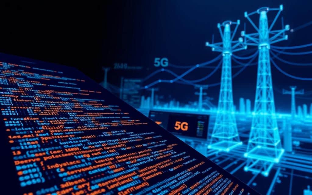A highly detailed, technical illustration showcasing app performance optimization. In the foreground, a microscopic view of mobile software code, with lines of complex algorithms and optimized function calls. In the middle ground, a data visualization dashboard displaying real-time performance metrics, charts, and graphs. In the background, a futuristic 5G network architecture, with sleek towers and antennas transmitting high-speed, low-latency data. The scene is bathed in a cool, blue-tinted lighting, conveying a sense of precision, efficiency, and cutting-edge technology. The overall mood is one of technological sophistication and the seamless integration of hardware and software for exceptional mobile app performance.