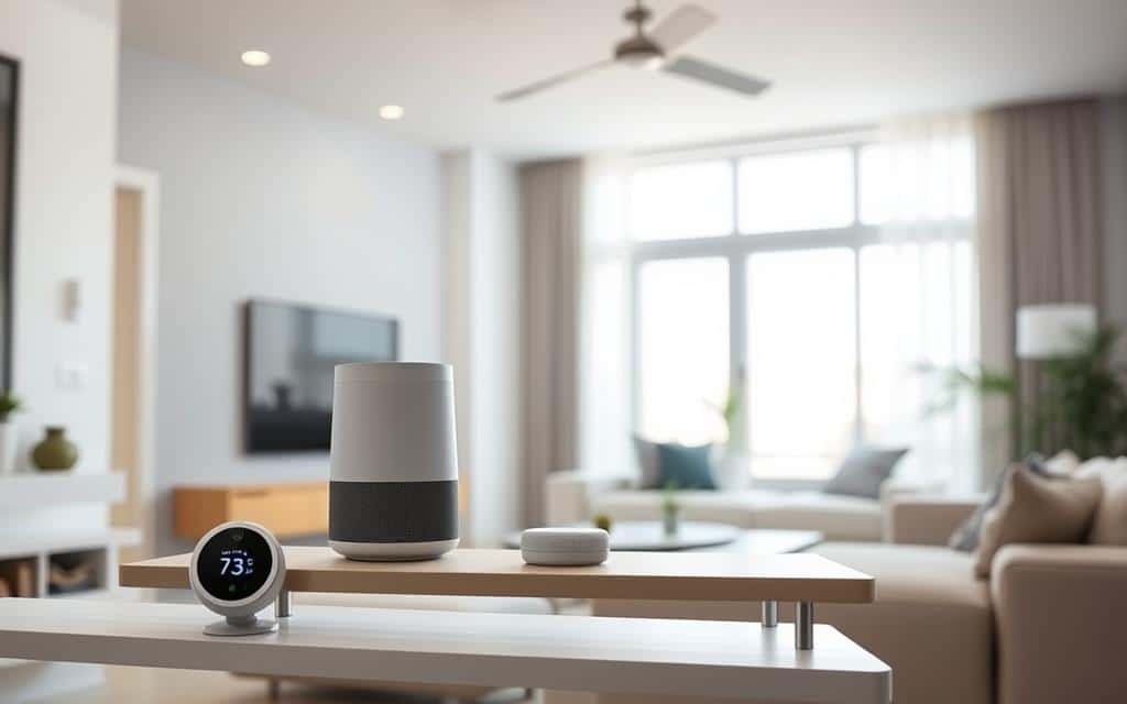 A modern, minimalist smart home setup in a well-lit, airy living room. In the foreground, a sleek, voice-controlled smart speaker sits atop a floating shelf, surrounded by an array of connected devices - a smart thermostat, security camera, and smart lighting. In the middle ground, a large window provides natural illumination, casting a warm, diffused glow across the room. The background features subtle, contemporary decor, with neutral tones and clean lines that complement the technological elements. The overall atmosphere conveys a sense of efficient, seamless integration of smart home technology into a comfortable, stylish living space.