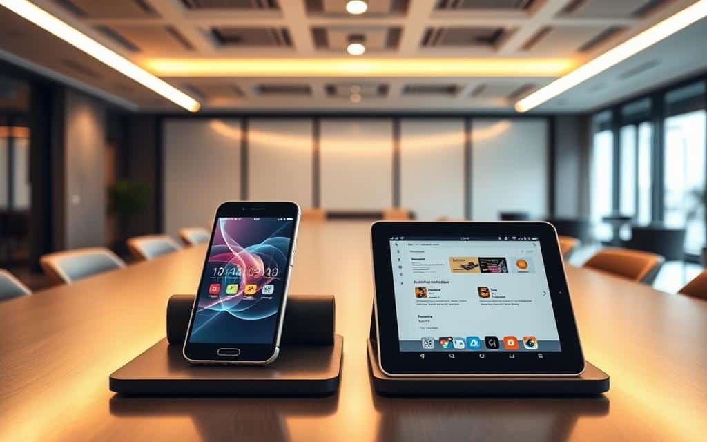 a modern office interior, with a large desk showcasing two mobile devices side by side. on the left, a sleek, high-performance smartphone representing a near-native app, with a crisp, responsive display and lightning-fast animations. on the right, a slightly less polished but versatile tablet device running a hybrid app, demonstrating smooth transitions and seamless cross-platform functionality. warm, indirect lighting casts a subtle glow, creating a professional, technology-focused atmosphere. the scene emphasizes the performance capabilities and user experience differences between the two mobile development approaches.