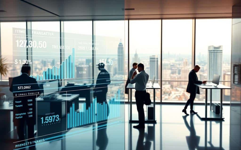 A modern office interior with sleek, minimalist design. In the foreground, a transparent display shows real-time financial data and performance metrics, conveying a sense of business efficiency and transparency. The middle ground features employees collaborating at standing desks, their faces obscured to protect privacy. The background showcases floor-to-ceiling windows offering a panoramic view of a bustling city skyline, bathed in warm, diffused lighting. The overall atmosphere evokes a harmonious blend of technology, professionalism, and a commitment to openness.