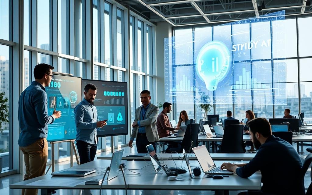 A modern, sleek office space with floor-to-ceiling windows, allowing natural light to flood the room. In the foreground, a team of professionals collaborating around a large, interactive touchscreen display, deep in discussion about productivity enhancement strategies powered by AI. The middle ground features rows of desks with employees immersed in their work, laptops and tablets at the ready. In the background, a holographic projection showcases a dynamic data visualization, highlighting the impact of AI-driven operational optimizations. The overall atmosphere is one of efficiency, innovation, and a forward-thinking approach to modern business.