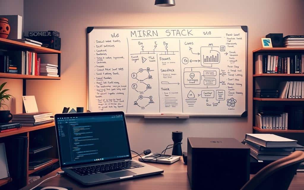 A modern software engineering workspace with a MERN stack development environment. In the foreground, a desk with a laptop, coding editor, and various input devices. In the middle ground, shelves displaying technical books, API documentation, and DevOps tools. The background features a large whiteboard with diagrams, flowcharts, and best practice guidelines for full-stack integration. Warm, focused lighting illuminates the scene, creating a productive, collaborative atmosphere. The overall composition emphasizes the seamless blending of front-end, back-end, and infrastructure components, reflecting the principles of best practices integration.