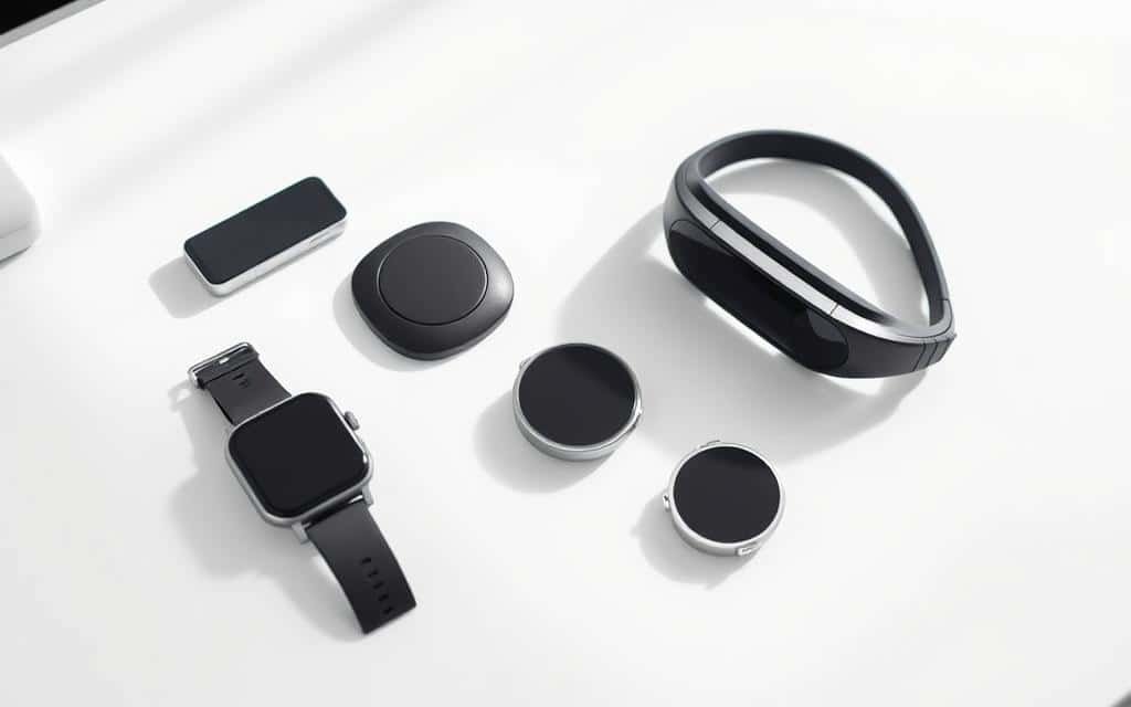 A neatly arranged collection of modern sleep tracking devices sits on a clean, minimalist white desk. The devices, including a smartwatch, a sleep sensor pad, and a sleep tracking headband, are bathed in soft, indirect lighting that casts subtle shadows, highlighting their sleek, premium designs. The scene conveys a sense of efficiency and technological sophistication, perfectly suitable for illustrating the "Sleep Optimization with Biohacking Tech Accessories" section of the article on "Biohacking with Tech: Health & Performance Tips."