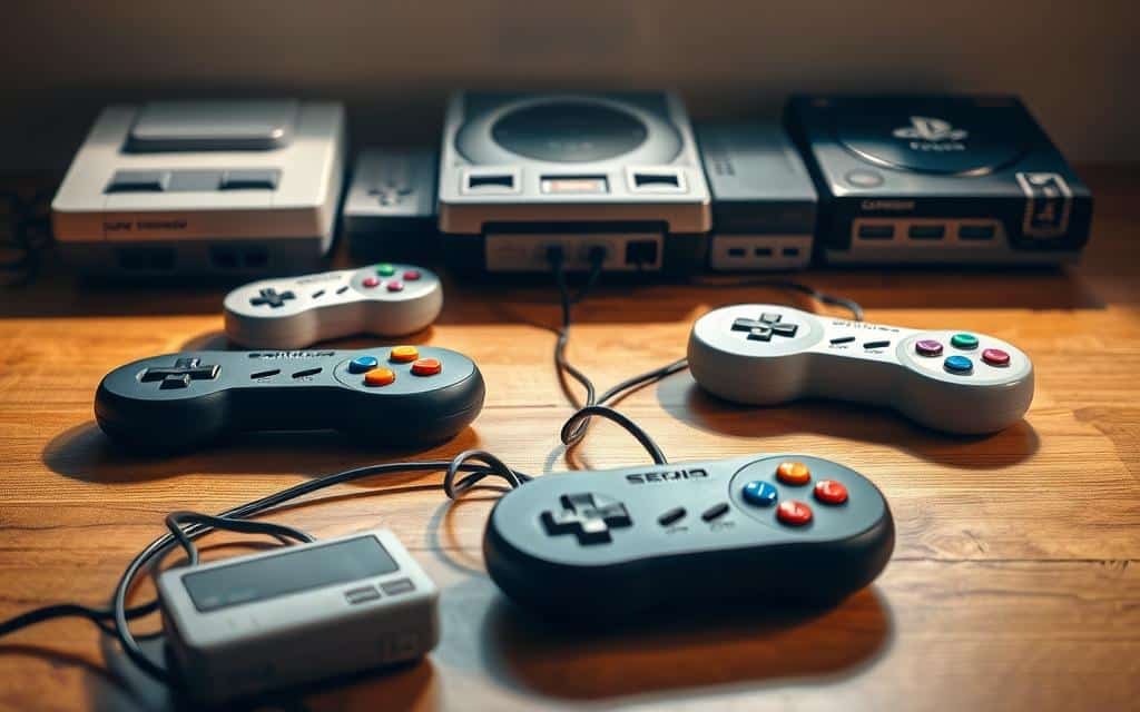 A neatly arranged display of retro gaming consoles, meticulously captured in a soft, nostalgic light. In the foreground, classic controllers and cartridges sit atop a vintage wooden surface, their vibrant colors and tactile textures inviting the viewer to reminisce. The middle ground features a lineup of iconic gaming systems, including the sleek silhouettes of a Super Nintendo, Sega Genesis, and original PlayStation, each casting long shadows that add depth and dimension to the scene. In the background, a subtle gradient of warm hues creates an inviting, cozy atmosphere, evoking the comforting feeling of gaming in the bygone era. Subtle reflections on the polished surfaces lend an air of authenticity, transporting the viewer to a time when these beloved consoles dominated living rooms and captured the imaginations of generations of gamers.
