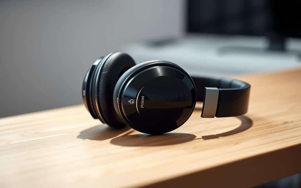 A pair of premium noise-cancelling headphones resting on a sleek, modern desk. The headphones have a glossy black finish with subtle silver accents, and plush, padded earcups that envelop the ears, providing a comfortable and immersive listening experience. The headband is adjustable and features a minimalist design. The headphones are positioned at an angle, casting soft shadows across the desk's surface, which is made of a warm, natural wood. The background is blurred, creating a sense of depth and focus on the headphones as the central subject. The lighting is soft and diffused, creating a serene and professional atmosphere suitable for a work environment.