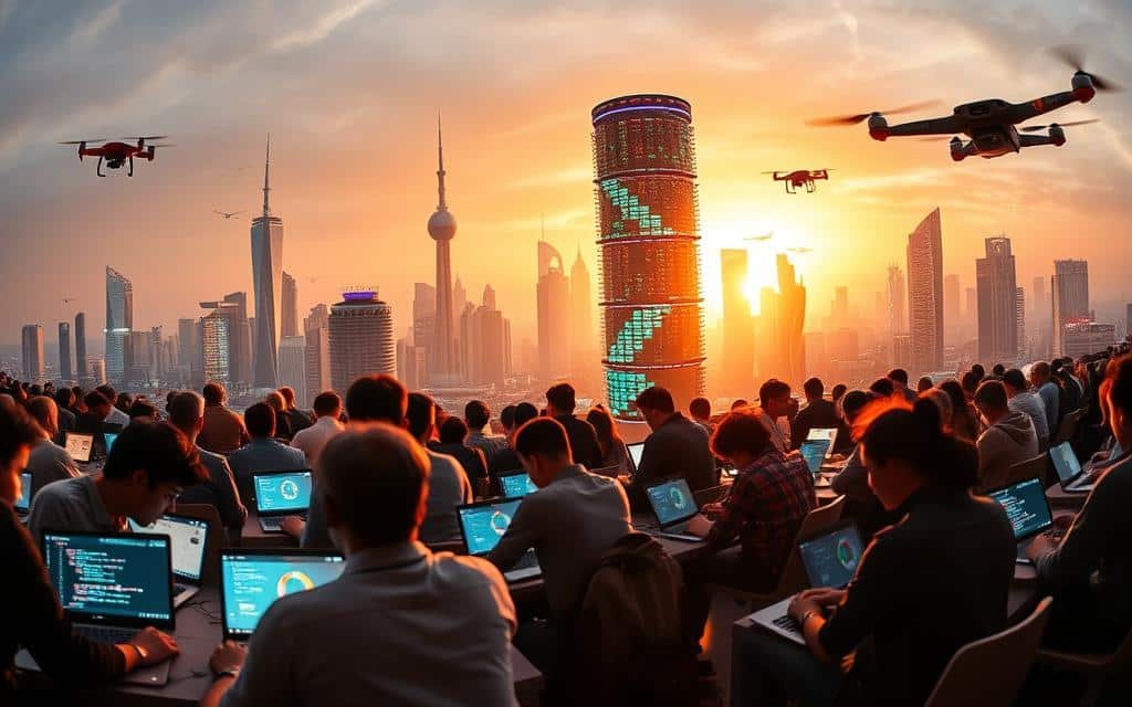 A panoramic view of an open source community, captured with a wide-angle lens. In the foreground, a diverse group of developers collaborate on laptops, their faces illuminated by the glow of their screens. In the middle ground, a towering stack of code repositories and data visualization dashboards, symbolizing the wealth of open source projects. The background is a futuristic cityscape, with skyscrapers and hovering drones, suggesting the integration of open source technologies into the urban landscape. The scene is bathed in a warm, golden light, creating a sense of innovation and progress. The overall mood is one of dynamic, collaborative, and forward-thinking spirit of the open source movement.