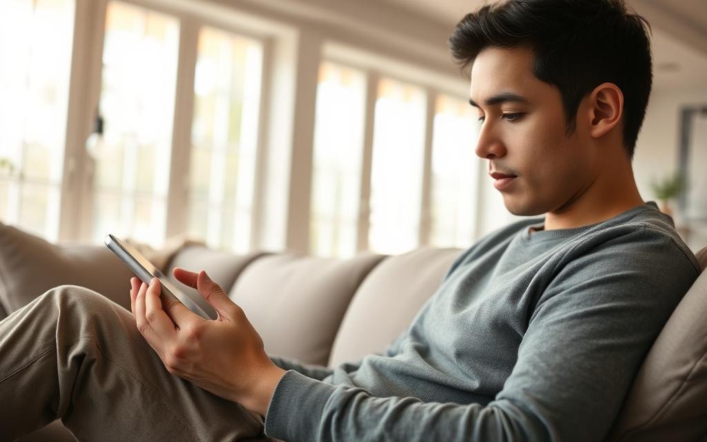 A person sitting comfortably on a couch, intently reading a tablet device held in their hands. The room is well-lit with soft, natural light filtering through large windows, creating a warm and inviting atmosphere. The tablet's screen is clearly visible, showcasing the digital content being consumed. The person's facial expression is one of focused engagement, immersed in the digital experience. The background is blurred, keeping the attention on the tablet and the reader's interaction with it. The composition emphasizes the seamless integration of technology and the act of reading, reflecting the pros and cons of using a tablet for this purpose.