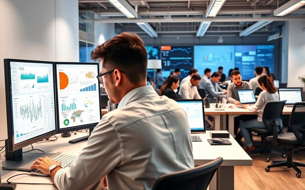 A scene depicting the data engineering career path, set in a modern, well-lit office environment. In the foreground, a data engineer works intently at a sleek, minimalist workstation, surrounded by various data visualization dashboards and analytical tools. The middle ground showcases a team of data engineers collaborating on a complex project, their expressions focused as they discuss technical solutions. In the background, a larger team of data professionals, including data analysts and data scientists, are engaged in various tasks, from building machine learning models to fine-tuning data pipelines. The overall atmosphere is one of dynamic, technology-driven productivity, with subtle hints of the latest data engineering tools and techniques woven throughout the scene.