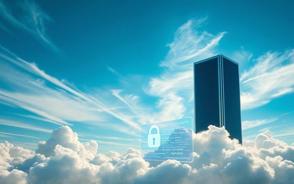 A serene cloud landscape, with wisps of wispy cirrus clouds against a tranquil azure sky. In the foreground, a sleek data center tower stands sentinel, its gleaming steel and glass facade reflecting the surrounding ethereal beauty. Beams of soft, diffused light filter through the clouds, casting a warm, protective glow over the secure data storage and processing infrastructure below. In the middle ground, a holographic display projects a visualization of encrypted data streams, symbolizing the robust security measures safeguarding critical information. The overall mood is one of reassurance and trust, conveying the reliable data protection strategies at work in this cloud environment.