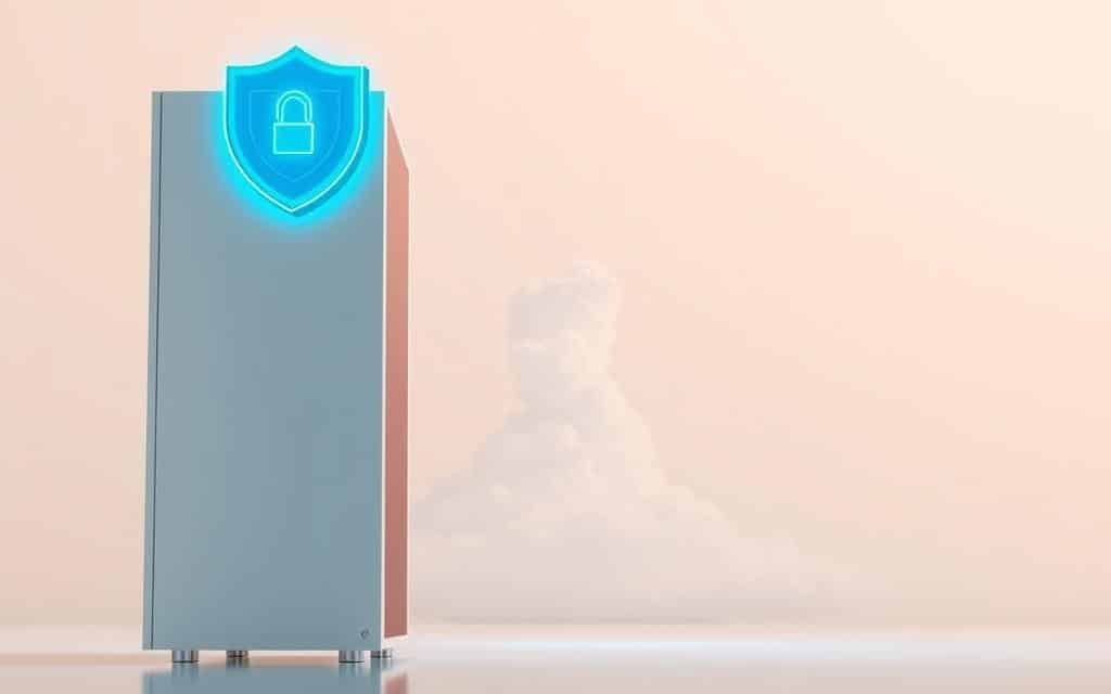 A serene, minimalist scene showcasing essential cloud security best practices. In the foreground, a sleek futuristic server rack stands tall, its crisp white panels gleaming under soft, diffused lighting. Floating above it, a translucent three-dimensional security shield pulses with a faint blue glow, representing the layered defenses protecting the cloud infrastructure. In the middle ground, a towering cloud formation appears, symbolizing the scale and scope of the cloud environment. The background is bathed in a warm, pastel gradient, evoking a sense of stability and reliability. The overall composition conveys a sophisticated, high-tech aesthetic that underscores the importance of robust cloud security measures.