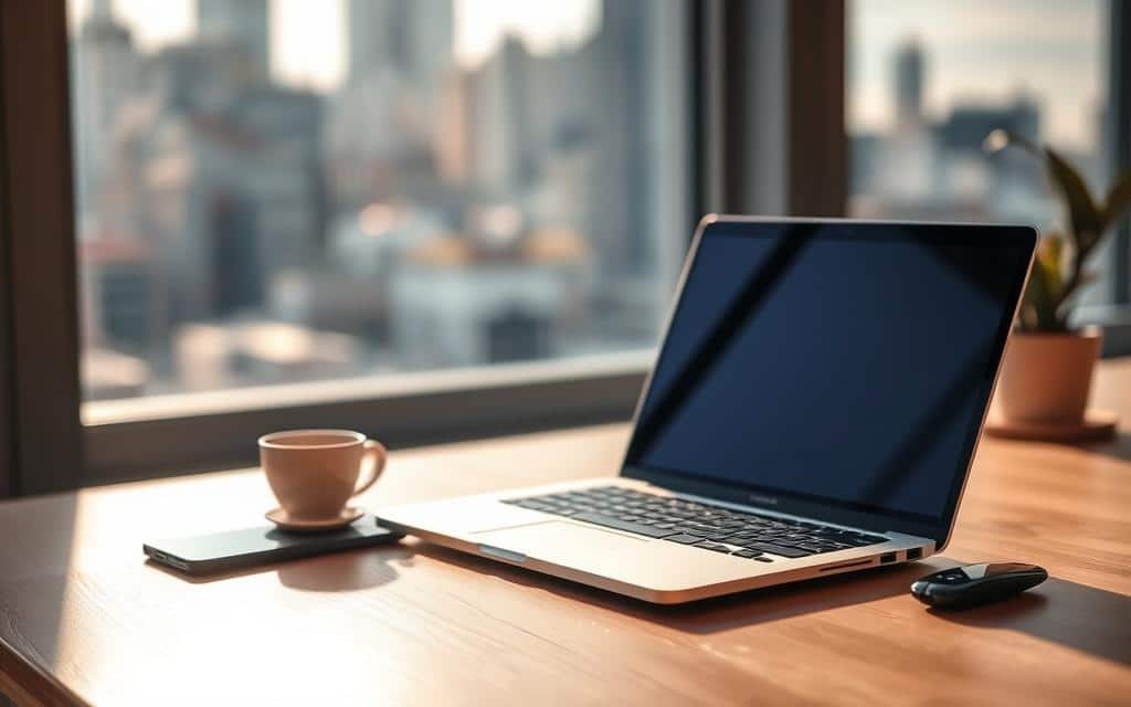 A serene offline workspace with a laptop, phone, and a cup of coffee on a minimalist wooden desk. The scene is bathed in warm, natural lighting, casting soft shadows and creating a cozy, focused atmosphere. In the background, a blurred cityscape suggests the offline user's connection to the online world, while the foreground emphasizes the importance of unplugging and embracing a seamless, distraction-free user experience. The overall composition evokes a sense of productivity, calm, and the harmony between digital and physical realms.