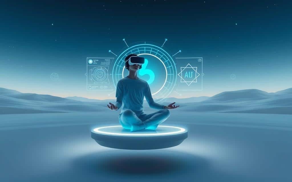 A serene virtual meditation experience within a tranquil, futuristic landscape. In the foreground, a person sits cross-legged on a floating platform, wearing a sleek VR headset and navigating a visually mesmerizing digital environment. The middle ground features holographic interfaces, glowing geometric shapes, and ambient lighting that radiates a sense of calm and focus. The background depicts a vast, minimalist expanse - a boundless digital realm with hints of celestial elements, creating an immersive, otherworldly atmosphere that amplifies the meditative experience.