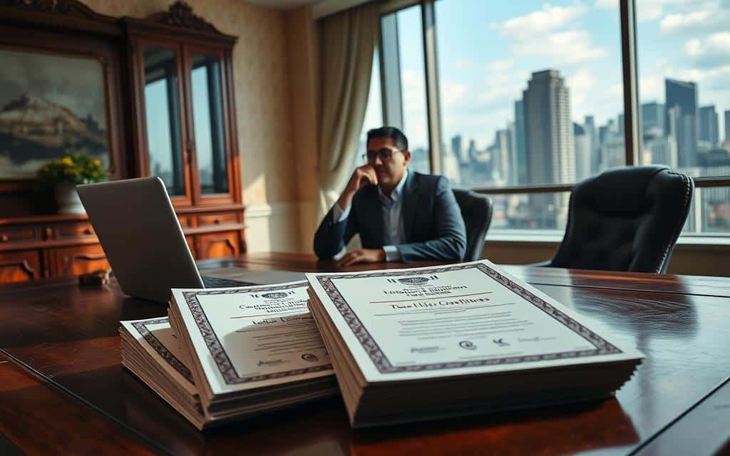 A serene, well-lit office setting with an ornate wooden desk, a laptop, and a stack of professional certifications. In the foreground, the certifications are prominently displayed, showcasing various tech-related qualifications. The middle ground features a thoughtful professional, dressed in smart casual attire, contemplating the path ahead. The background depicts a panoramic window overlooking a bustling city skyline, symbolizing the vast opportunities available in the tech industry. The overall composition conveys a sense of accomplishment, commitment, and the promise of a rewarding technical career.